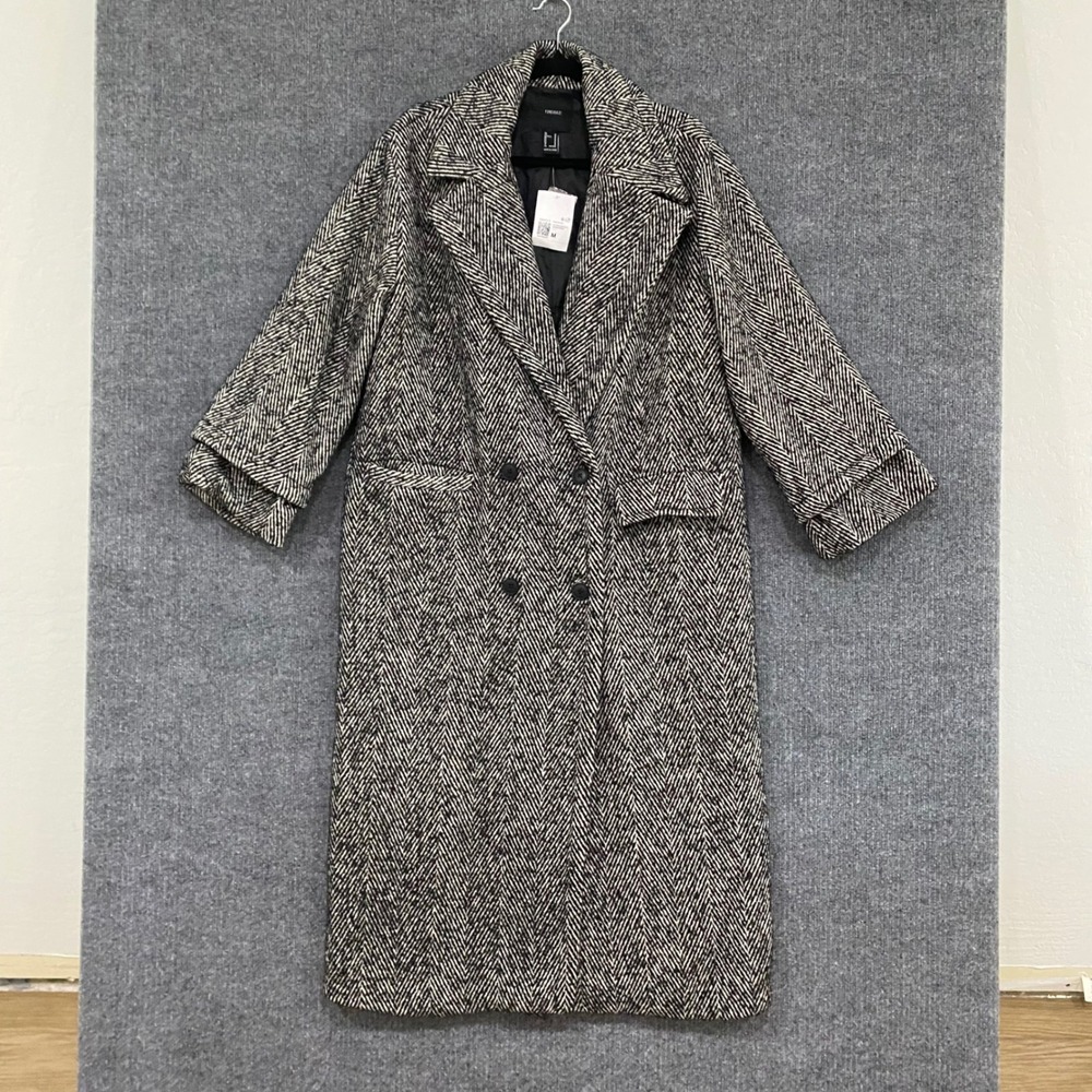 Forever 21 Mens Brown Cream Herringbone Double Breasted Longline Overcoat M NEW